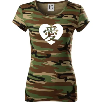 Dámské tričko Láska japonština čínština - Dámské maskáčové triko - XL ( Hnědý maskáč )