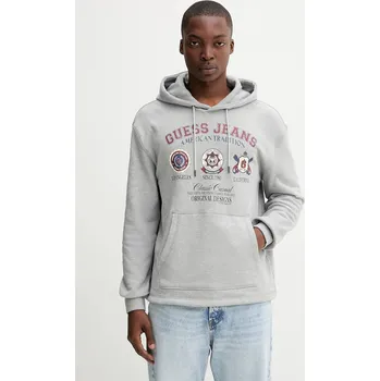 Pánská mikina Bavlněná mikina Guess Jeans pánská, šedá barva, s kapucí, s potiskem, M5YQ18 KCPR1 M5YQ18.KCPR1 90X, vel. S