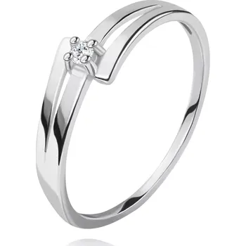 Prsten Briliantový prsten v bílém 14K zlatě - rozdělená lesklá ramena, čirý diamant - Velikost: 50