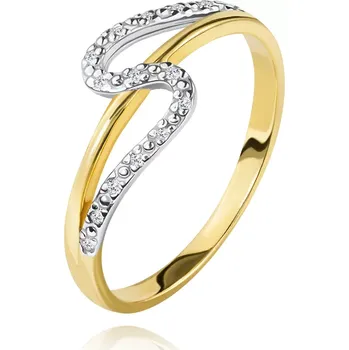 Prsten Diamantový prsten ze 14K zlata, rovné a zvlněné rameno, drobné čiré diamanty - Velikost: 50