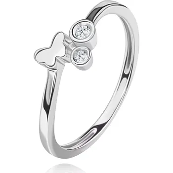 Prsten Diamantový prsten z bílého 14K zlata - dva čiré brilianty, lesklý motýlek - Velikost: 55