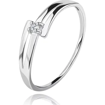 Prsten Briliantový prsten z bílého 14K zlata - rozdělená zvlněná ramena, čirý diamant - Velikost: 57