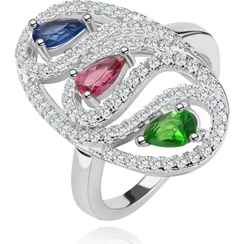 Prsten Stříbrný prsten 925, zirkonová oválná kontura, barevné broušené kapky - Velikost: 49