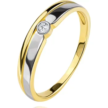 Prsten Briliantový prsten ze 14K zlata - čirý diamant v kruhové objímce, dvoubarevné linie - Velikost: 54