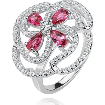 Prsten Prsten, stříbro 925, vypouklý květ z růžových zirkonových kapek a čirých linií - Velikost: 55