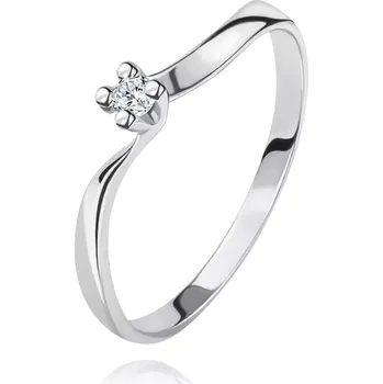 Prsten Diamantový prsten z bílého 14K zlata - blýskavý briliant v kotlíku, zvlněná ramena - Velikost: 50