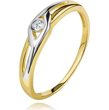 Prsten Diamantový prsten ze 14K zlata, dvoubarevná ramena s výřezy, čirý briliant - Velikost: 54