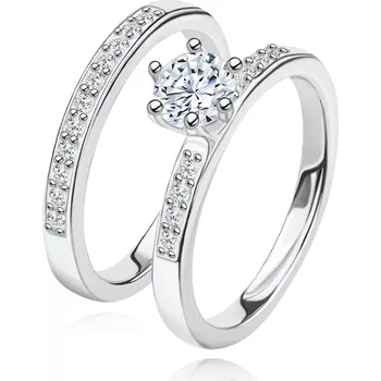 Prsten Dvojset stříbrných prstýnků 925 - třpytivá linie zirkonů, větší kulatý zirkon - Velikost: 60