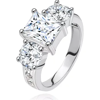 Prsten Zásnubní prsten ze stříbra 925, tři velké zirkony čiré barvy, zdobená ramena - Velikost: 49