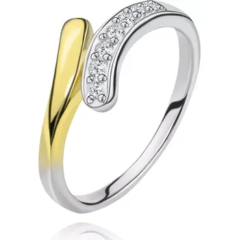 Prsten Stříbrný prsten 925 - zaoblená linie se zirkony a zlatým zbarvením - Velikost: 62