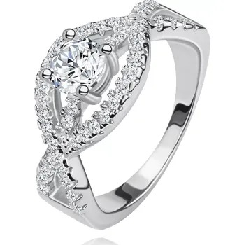 Prsten Stříbrný prsten 925, zvlněné zirkonové linie, kulatý čirý kámen - Velikost: 68