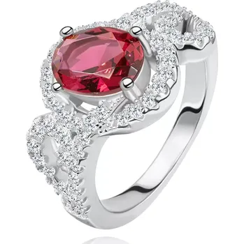 Prsten Prsten s oválným červeným zirkonem, poloviny obrysů srdcí, stříbro 925 - Velikost: 59