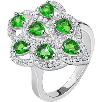 Prsten Prsten ze stříbra 925, blýskavý střapec ze zelených zirkonů s čirým lemem - Velikost: 52