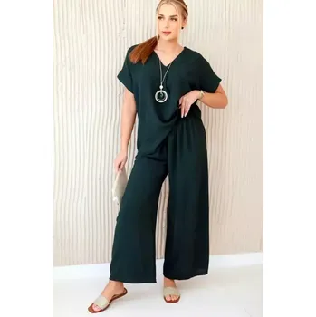 Souprava dámského spodního prádla Dámský komplet/souprava s náhrdelníkem halenka + kalhoty 6433-3 tmavě zelená univerzální M/L - Italská móda