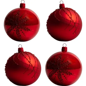 Vánoční ozdoba Koulier Skleněné vánoční ozdoby basic Red - Red kouličky s vločkou a kříženými linkami, 4 ks