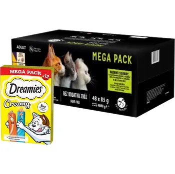 Krmivo pro kočku PetRepublic mokré krmivo pro kočky v jemné omáčce MIX s příchutí masa a ryb 48x85g & DREAMIES Creamy s kuřecím masem a lososem 12x10g
