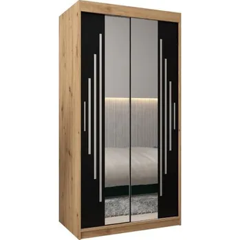 Šatní skříň Šatní skříň s posuvnými dveřmi a dvoudílným zrcadlem YORK1 - 100x200cm -Dub Artisan-Černá-