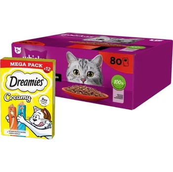 Krmivo pro kočku WHISKAS Adult 80 x 85 g Classic Meals - kapsičky pro kočky v omáčce (kousky s: hovězím, kuřecím, jehněčím, drůbežím) & DREAMIES Krémový s kuřecím masem a lososem 12x10g