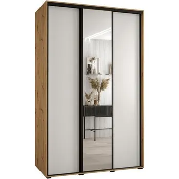 Šatní skříň Šatní skříň s posuvnými dveřmi a zrcadlem DAVOS 150cm | DUB Artisan / bílá / černé pojezdy