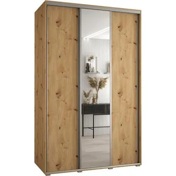 Šatní skříň Šatní skříň s posuvnými dveřmi a zrcadlem DAVOS 150cm | DUB Artisan / stříbrné pojezdy