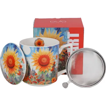 DUO Gifts DG - Porcelánový hrnek se sítkem a víčkem MODERN SUNFLOWER v dárkové krabičce - 450 ml