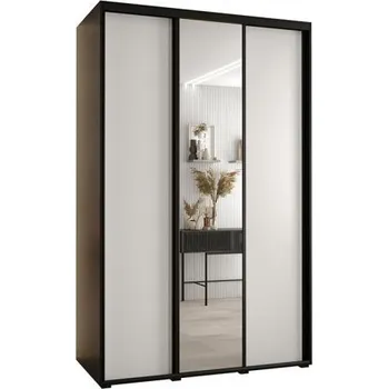 Šatní skříň Šatní skříň s posuvnými dveřmi a zrcadlem DAVOS 150cm | Černá / bílá / černé pojezdy