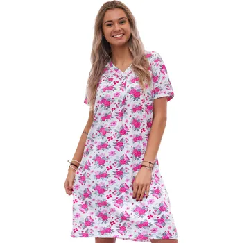 Dámské noční prádlo Dámská noční košilka s krátkým rukávem a véčkovým výstřihem a růžovými květy 1C4109 růžová xl