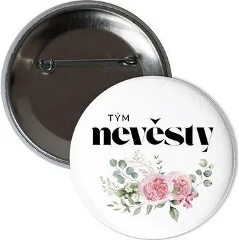 Odznáček s potiskem Květinová placka tým nevěsty pivoňka eukalyptus