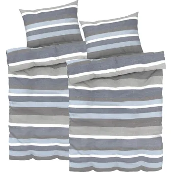 Povlečení LIVARNO home Sada ložního povlečení Renforcé, 140 x 200 cm, 70 x 90 cm, pruhy/modrá/šedá, 2dílná
