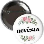 Odznáček s potiskem Květinová placka nevěsta pivoňky růže eukalyptus