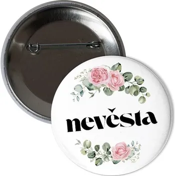 Odznáček s potiskem Květinová placka nevěsta pivoňky růže eukalyptus