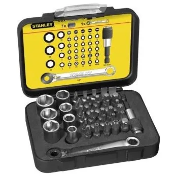 Bit STANLEY sada šroubovacích bitů, nástrčných a očkoplochých klíčů, S/PH/PZ/T/TT/HEX, 39 ks, s ráčnou, se šroubovákem