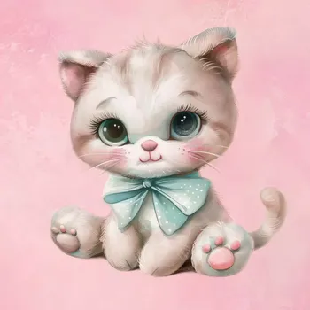 Teplákovina Kotě s mašlí, růžová, panel (E) (Panely a ladící metráž)