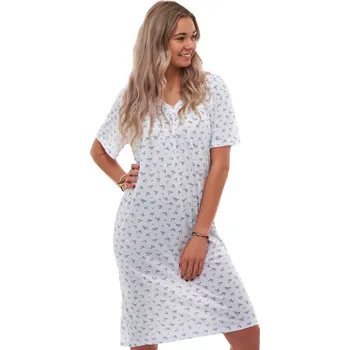 Dámská noční košile Dámská puntíkatá noční košilka s krátkým rukávem a véčkovým výstřihem a modrými růžičkami 1C4114 modrá 2xl