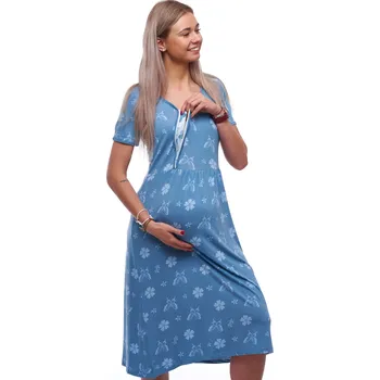 Dámská noční košile Modrá luxusní hedvábně jemná těhotenská i kojící košilka na zip s motýlky a květy ve vzoru 1D1612 modrá l