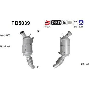 Filtr pevných částic Filtr sazových částic, výfukový systém AS FD5039