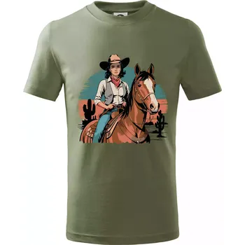 Cowgirl vintage na koni - Tričko dětské bavlněné - 158 cm/12 let ( Khaki )