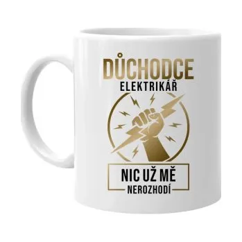 Žertovný předmět Důchodce elektrikář – nic už mě nerozhodí - hrnek s potiskem- Tričkový.cz