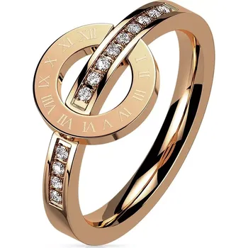 Prsten Prsten z oceli 316L růžové zlato - kruh s římskými číslicemi, kubické zirkony - Velikost: 49