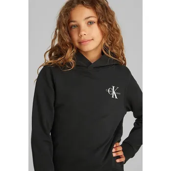 Chlapecká mikina Dětská bavlněná mikina Calvin Klein Jeans černá barva, s kapucí, s potiskem IU0IU00266.PPYX 99X, vel. 104