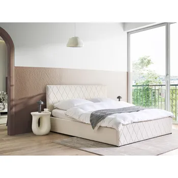 Ložnice Postel krémově bílá buklé čalounění 180 x 200 cm čalouněná s úložným prostorem a roštem prošívané čelo Beliani
