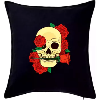 Polštář Lebka držící růži - Polštář 50x50 - 50x50 - Pouze potah ( Černá )