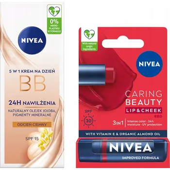 Péče o rty NIVEA BB krém na obličej tmavý 50 ml + Ochranný tónovací balzám na rty červený 4,8 g