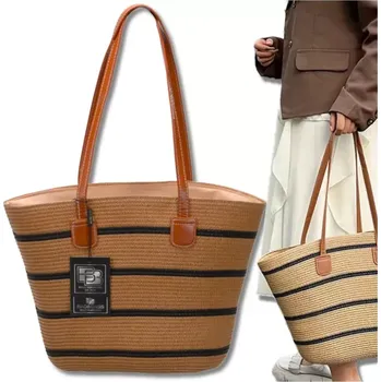 Plážová taška Slaměná plážová taška BB2 (Moderní dámská cestovní slaměná taška 43 x 31 x 15 cm, barva přírodní béžová s hnědými prvky)