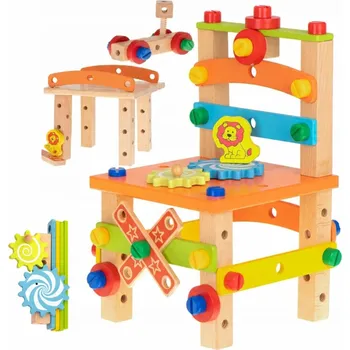 Dřevěná hračka DŘEVĚNÁ EDUKAČNÍ ŽIDLE DÍLNA MONTÁŽNÍ MONTESSORI STAVEBNICE NÁŘADÍ