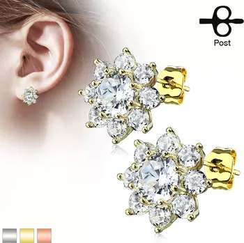 Náušnice Ocelové náušnice, blýskavý květ z kulatých čirých zirkonů, puzetky - Barva: Měděná