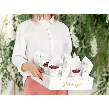 Svatební dekorace Kornoutky na konfety bílé - Best day Ever 16 ks - na podstavci