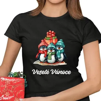 Žertovný předmět Veselé Vánoce – tučňáci - dámské tričko s potiskem- Tričkový.cz