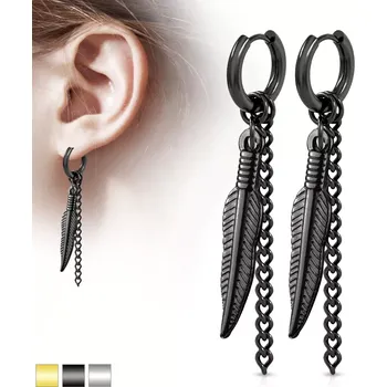 Náušnice Kruhové ocelové náušnice - s přívěskem ve tvaru pírka a s krátkým řetízkem - Barva: Zlatá