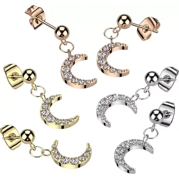 Náušnice Puzetové náušnice z chirurgické oceli - měsíc zdobený kulatými zirkony - Barva: Zlatá